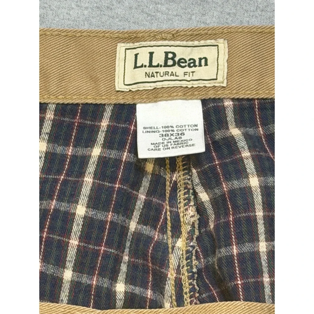 LL Bean Flannel Lined Chino Pants Mens 38x36 Khaki Tan Plaid Natural Fit Cotton